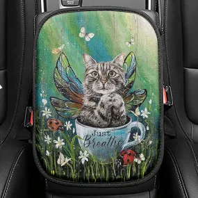 Tabby Cat Just Breathe Seat Box Cover, Christian Car Center Console Cover, Gift For Cat Lover