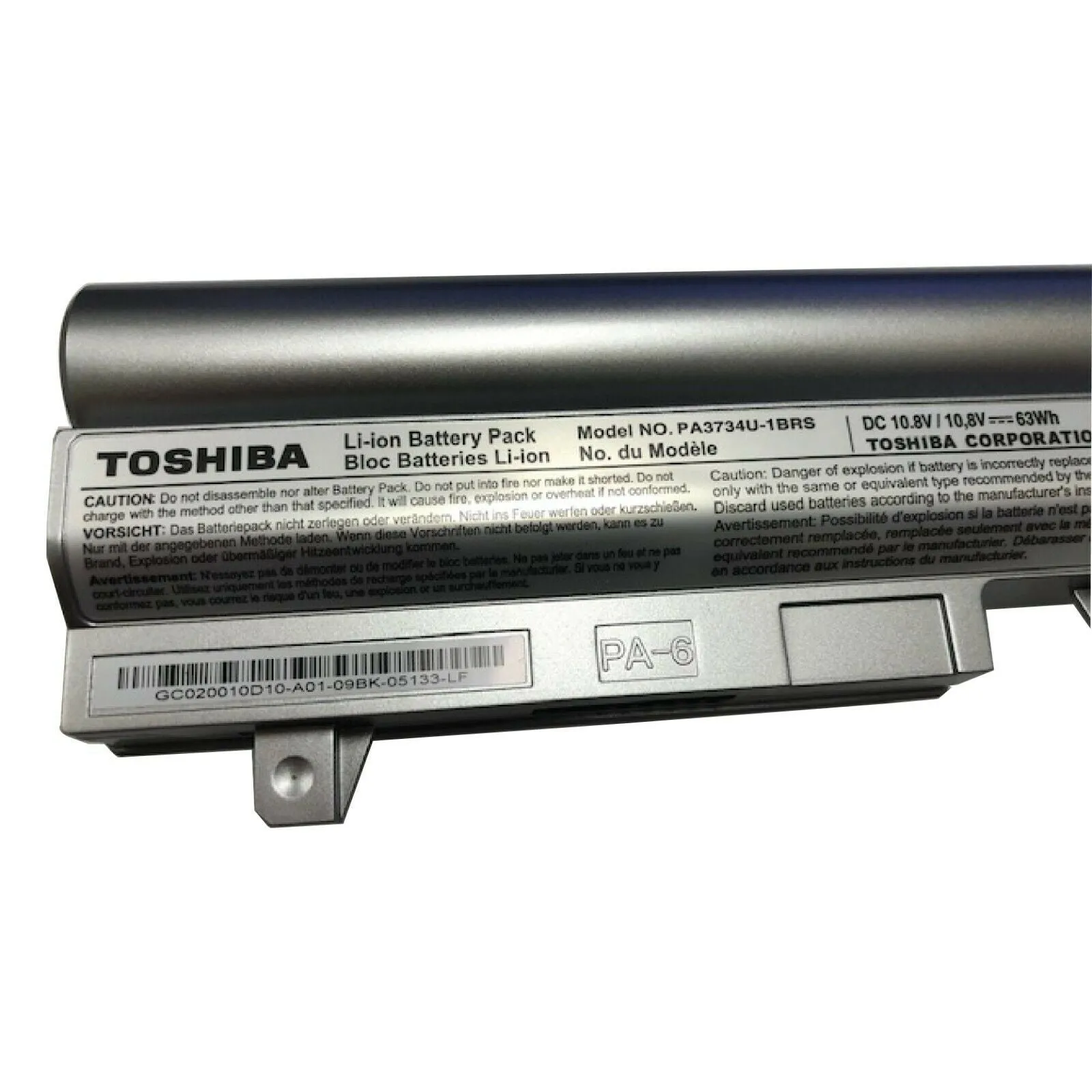 Toshiba Laptop Li-ion Battery 5800mAh DC 10.8V 63WH 6 Cell PA3734U-1BRS, Silver