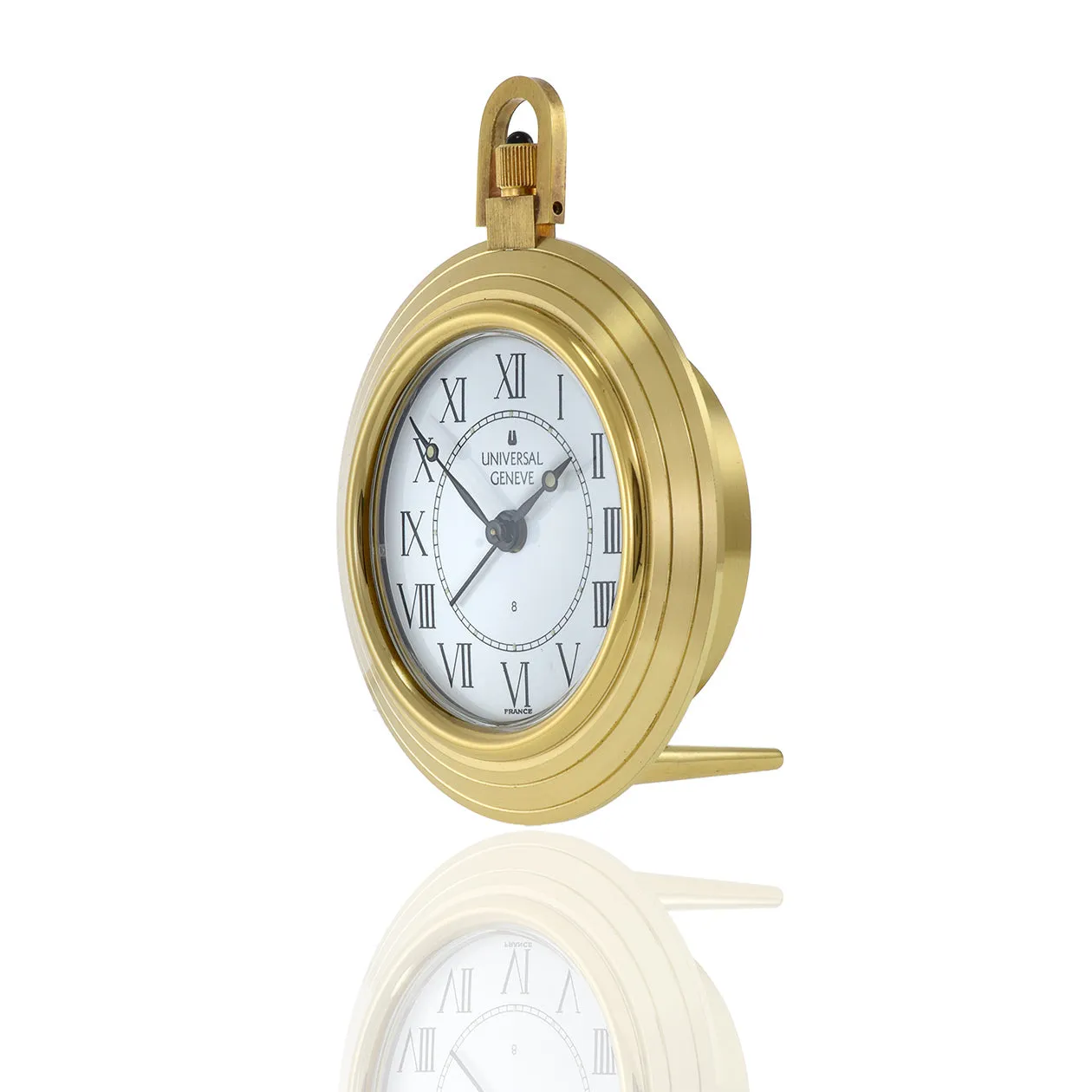 Universal Genève Circa 1980s Round Brass Alarm Desk Clock