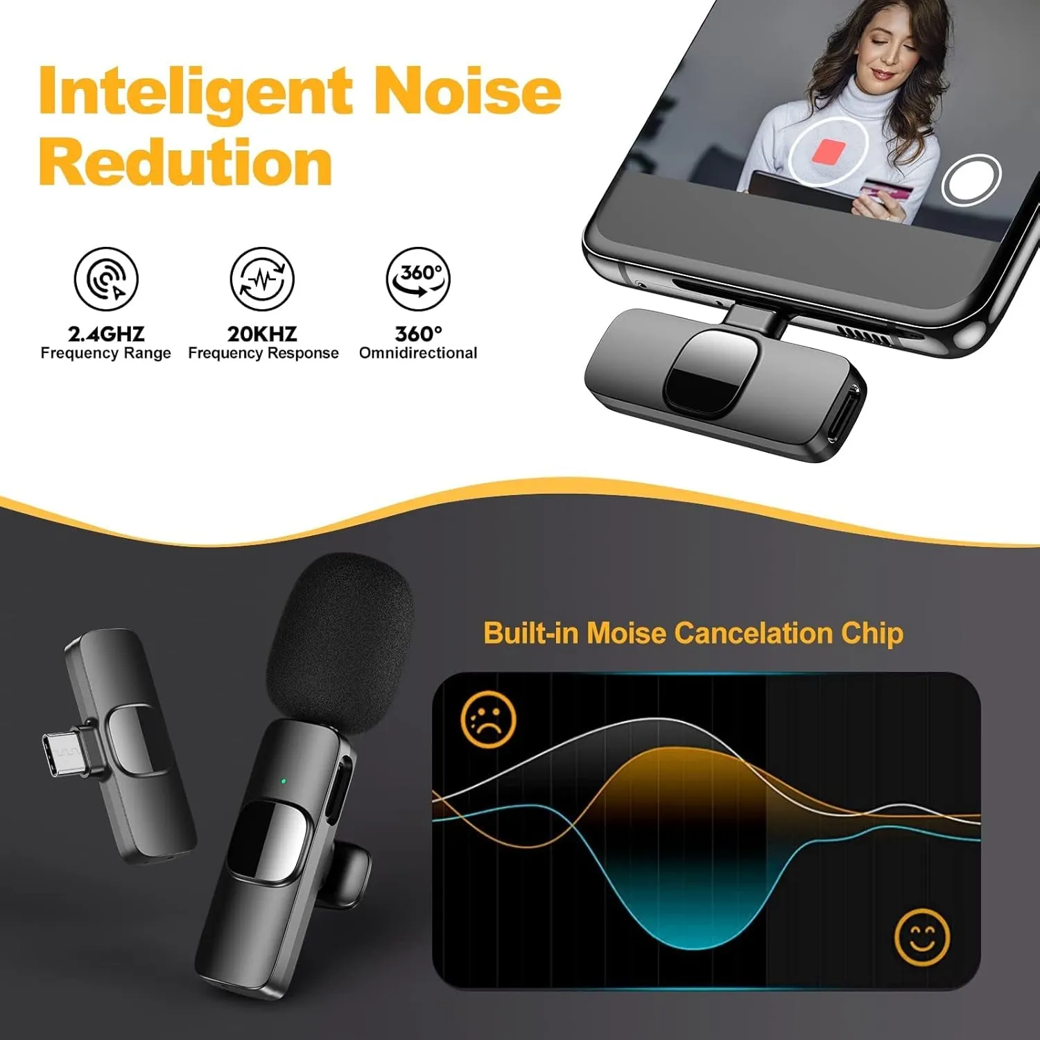 Wireless Microphones, Wireless Lavalier Microphone for iPhone/iOS/Android, Plug-Play Bluetooth Microphone, Mic with 3 Level Noise Reduction Auto Sync for Recording, Live Streaming, YouTube, TikTok