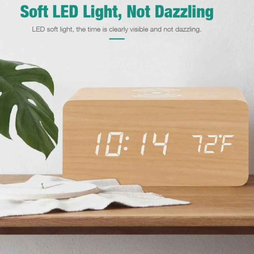 Wooden Digital Alarm Clock with Wireless Phone Charging Pad