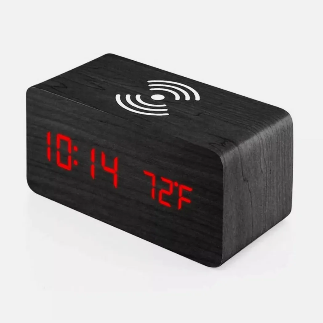 Wooden Digital Alarm Clock with Wireless Phone Charging Pad