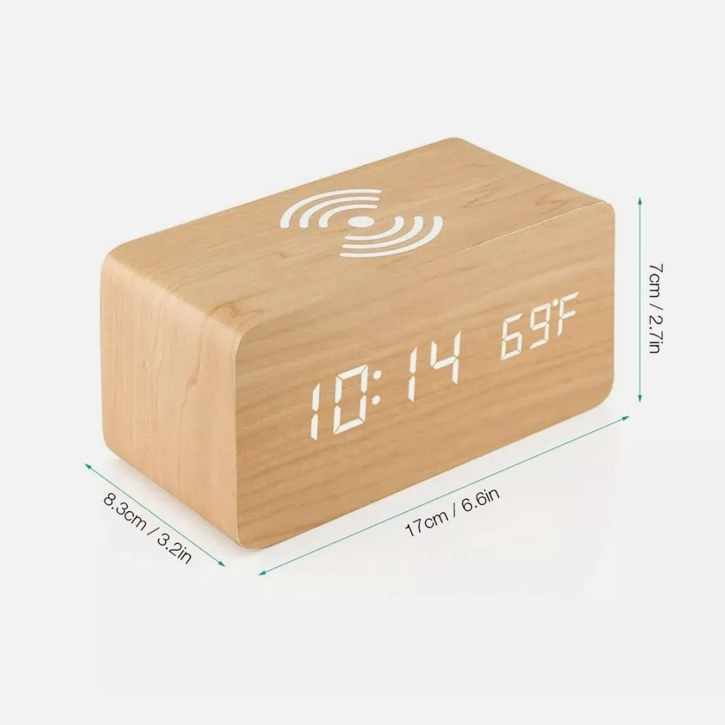 Wooden Digital Alarm Clock with Wireless Phone Charging Pad